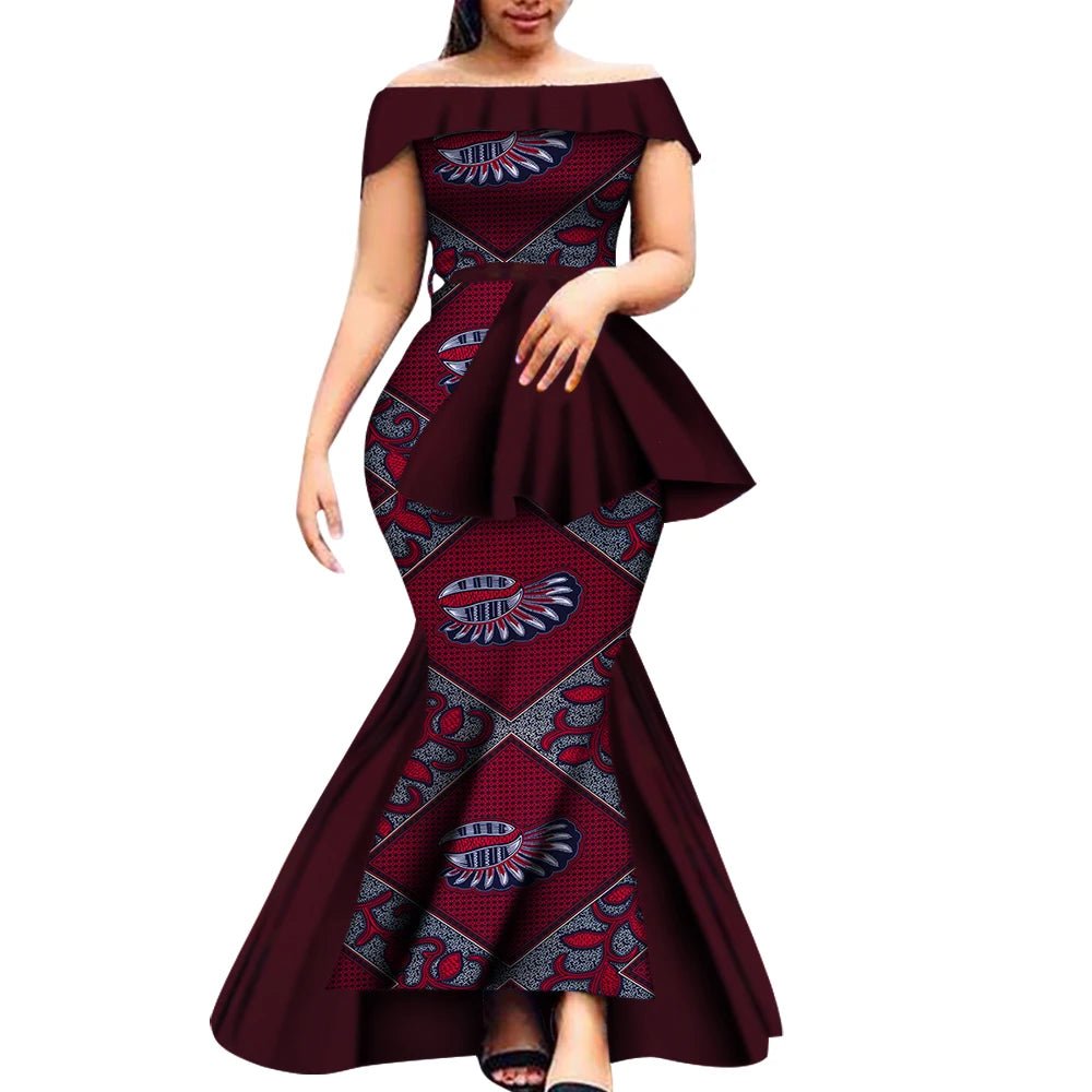 Off - Shoulder Bazin Riche African Dress for Women – Plus Size Elegant Party Gown - Free Delivery Worldwide only at Flexi Africa