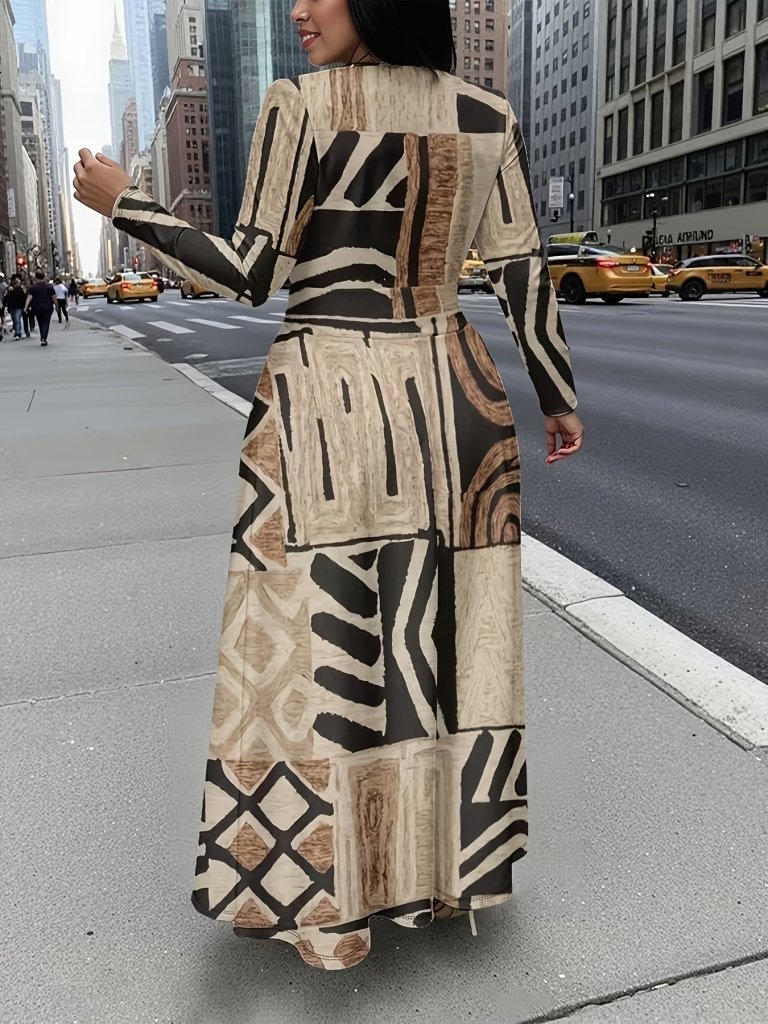 Plus Size African - Indian Tribal Maxi Dress – Long Sleeve A - Line Fit - Free Delivery Worldwide only at Flexi Africa