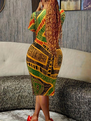 Plus Size African Print Tunic Dress for Women - Casual Crew Neck, Short Sleeve, Knit Polyester with Slight Stretch, Summer All - Over Print - Free Delivery Worldwide only at Flexi Africa