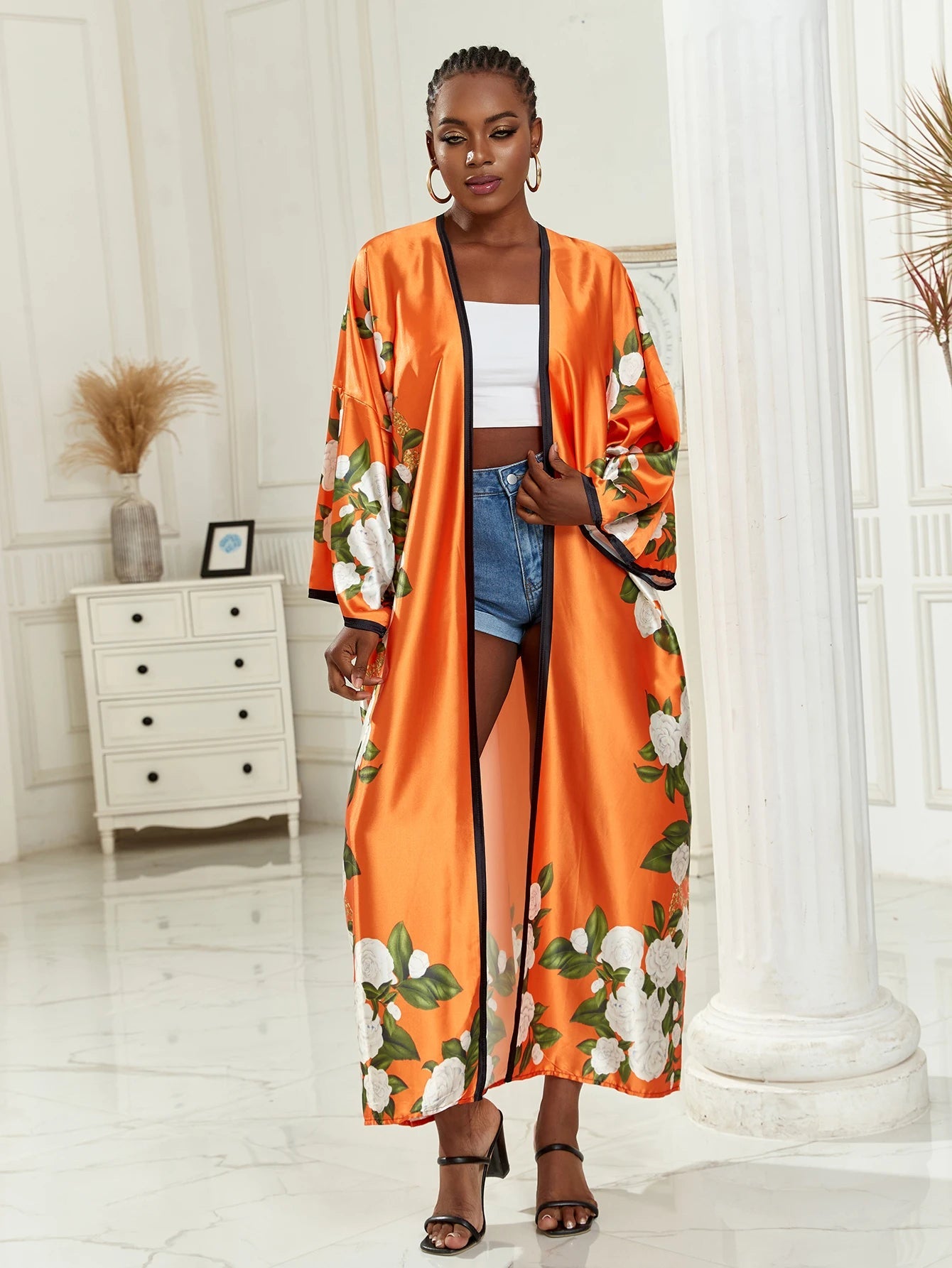 Plus Size Boho Kimono, Women's Plus Lotus Print Contrast Binding Long Sleeve Open Front Belted Kimono Cover Up - Flexi Africa - Free Delivery Worldwide only at www.flexiafrica.com