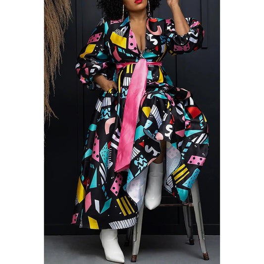 Plus Size Business Casual Maxi Dress: Black All Over Print with Lantern Sleeves and Pocket - Free Delivery Worldwide only at Flexi Africa