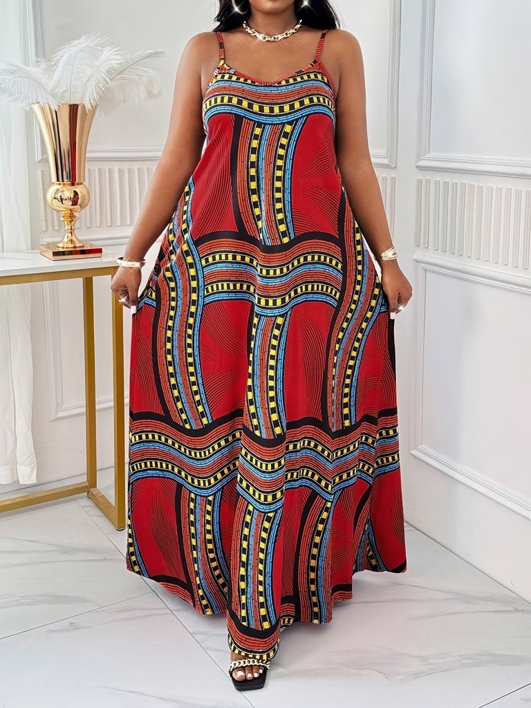 Plus Size Elegant Printed Maxi Dress with Straps & Pockets – Spring Summer Style - Free Delivery Worldwide only at Flexi Africa
