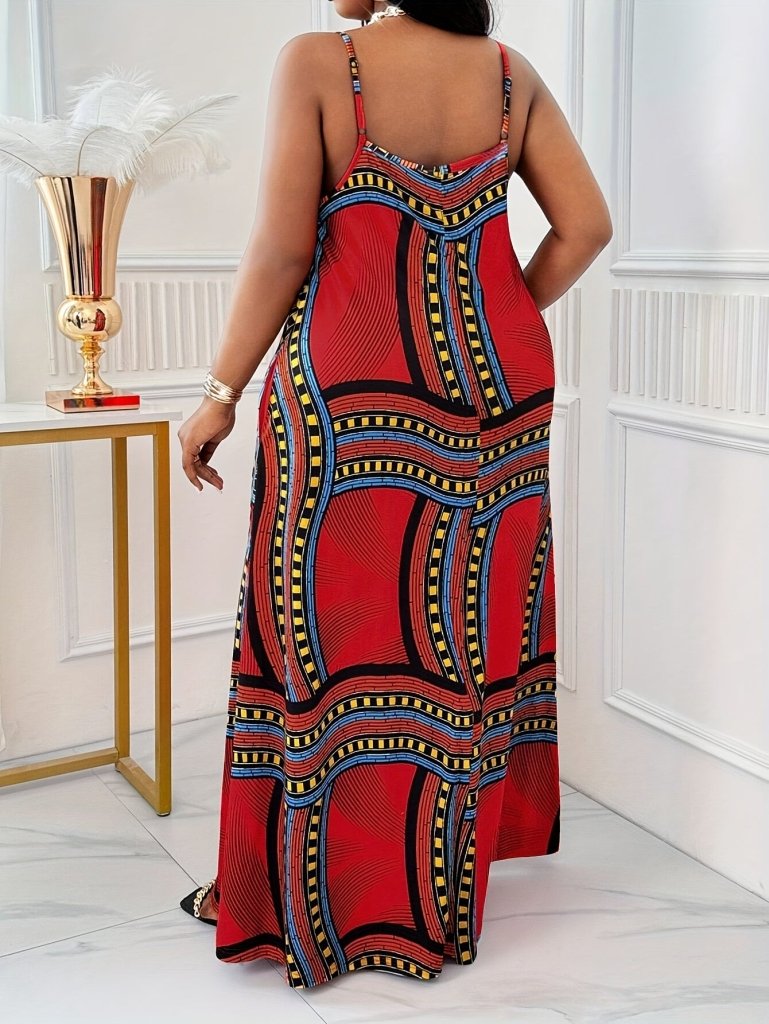 Plus Size Elegant Printed Maxi Dress with Straps & Pockets – Spring Summer Style - Free Delivery Worldwide only at Flexi Africa