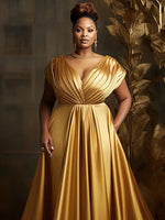 Plus Size Formal Evening Satin Dress Elegant Tierred V - Neck Sleeveless Gold Luxury High Waist A - Line Party Wedding Maxi Dresses - Free Delivery Worldwide only at Flexi Africa