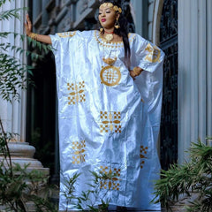 Plus Size Nigerian Dashiki Long Robe - Gold Embroidered Bazin Dress for Parties and Weddings - Flexi Africa