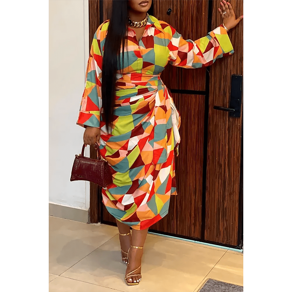 Plus Size Women's Casual Orange Color Block Print Asymmetric Midi Summer Dress - Flexi Africa - Free Delivery Worldwide only at www.flexiafrica.com