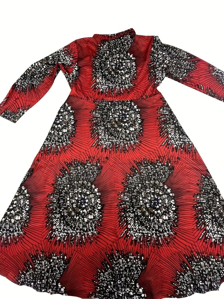 Plus Size Women’s Long - Sleeve A - Line Dress – Large Lapel, Full - Body Print & Belted Waist - Free Delivery Worldwide only at Flexi Africa