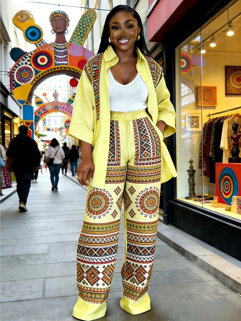 Plus Size Women’s Printed Suit Set (XL–8XL) – Fashionable Long Sleeve Casual Top & Pants Outfit - Free Delivery Worldwide only at Flexi Africa