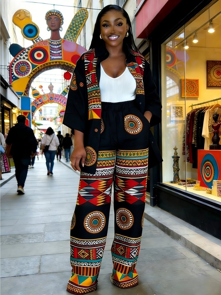 Plus Size Women’s Printed Suit Set (XL–8XL) – Fashionable Long Sleeve Casual Top & Pants Outfit - Free Delivery Worldwide only at Flexi Africa