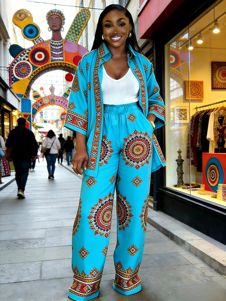 Plus Size Women’s Printed Suit Set (XL–8XL) – Fashionable Long Sleeve Casual Top & Pants Outfit - Free Delivery Worldwide only at Flexi Africa