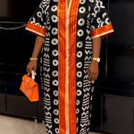 Plus Size Women’s V - Neck Maxi Dress – Bold Letter Print & Orange Geometric Pattern - Free Delivery Worldwide only at Flexi Africa