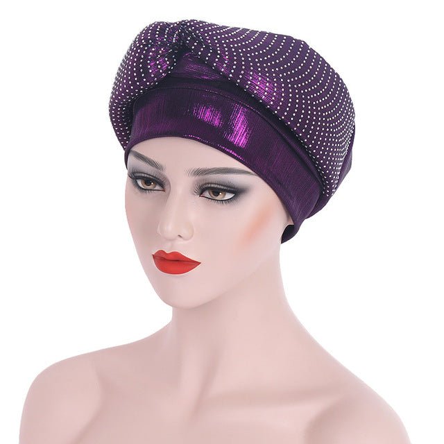 Polyester African Headtie Diamonds Glitter Women Turban Caps Muslim Hijab Bonnet Hats Female Autogeles - Free Delivery