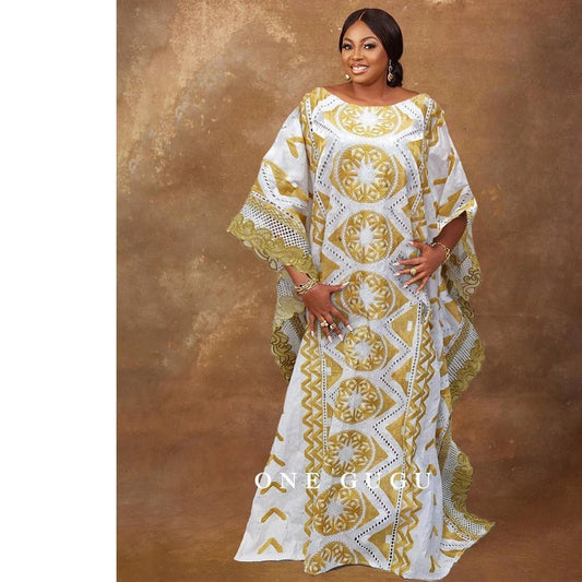 Radiate Elegance Nigerian Bazin Dress - Gold Brocade Embroidery and White Robe Design Perfect for Weddings & Parties