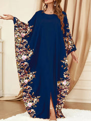 Ramadan Floral Print Crew Neck Kaftan, Elegant Batwing Sleeve Split Maxi Dress - Free Delivery Worldwide only at Flexi Africa