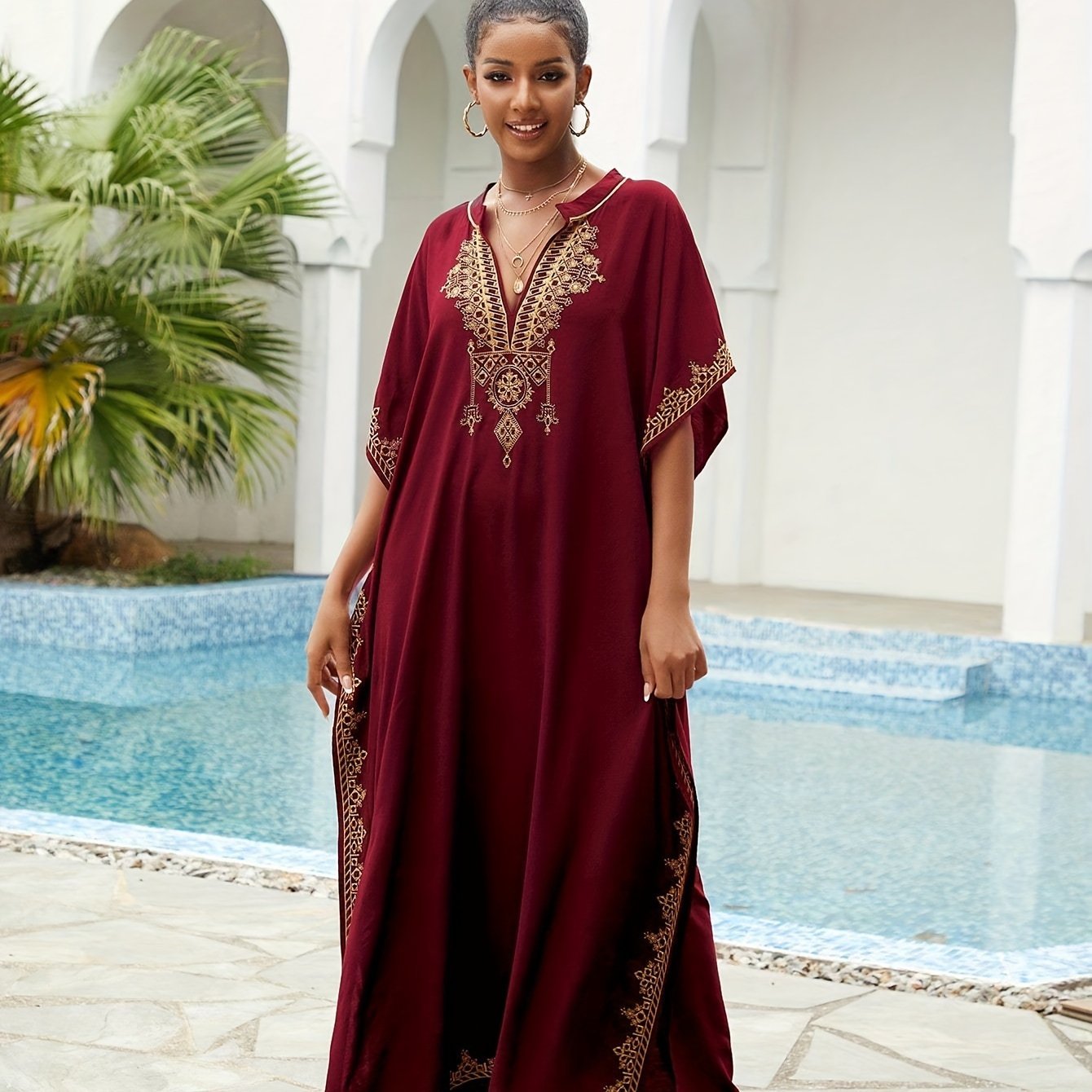 Ramadan Plus Size Boho Kaftan Dress - Golden Embroidered Bat Sleeve Notched Neck Maxi Cover Up Dress - Free Delivery Worldwide only at Flexi Africa