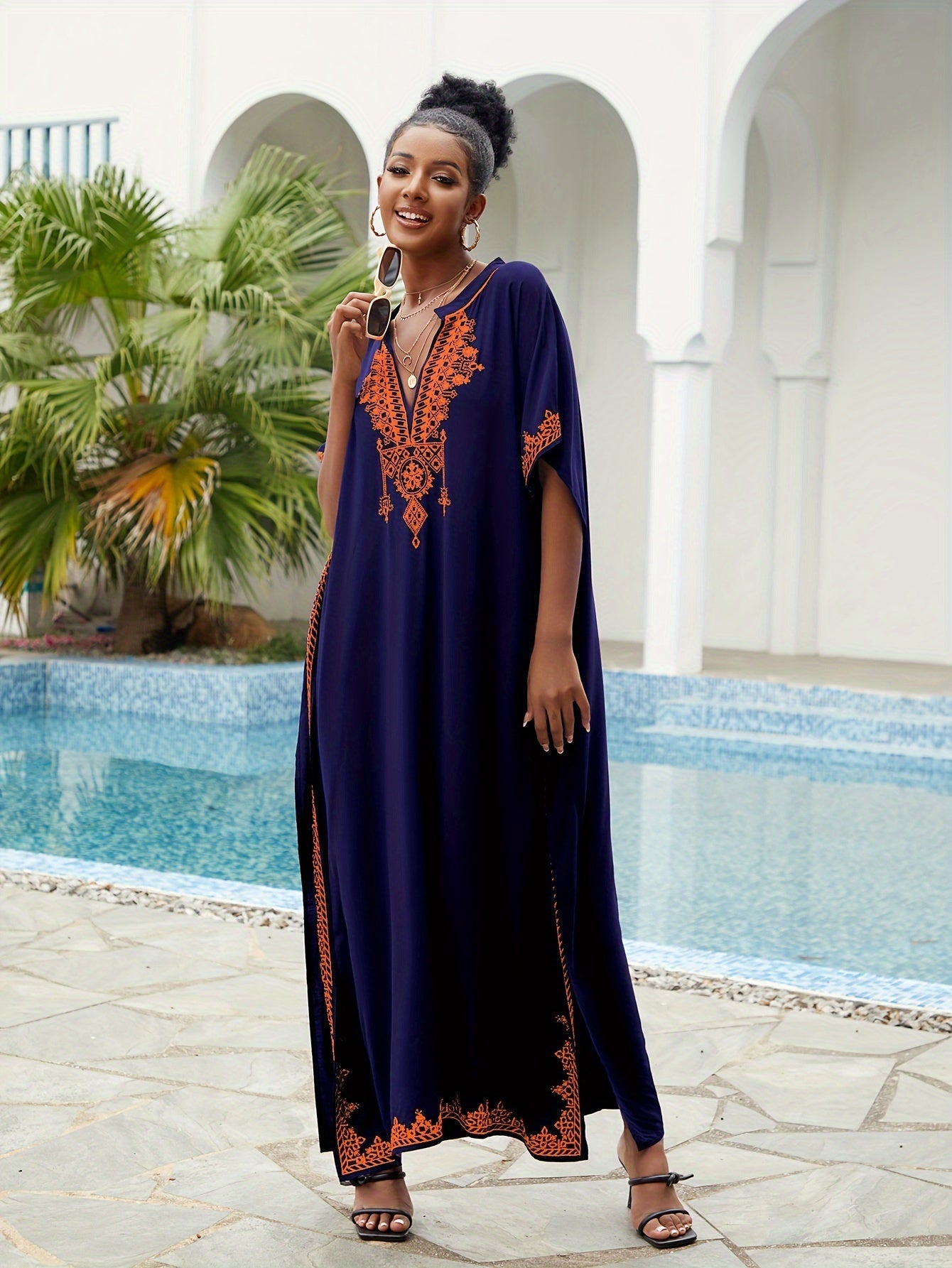 Ramadan Plus Size Boho Kaftan Dress - Golden Embroidered Bat Sleeve Notched Neck Maxi Cover Up Dress - Free Delivery Worldwide only at Flexi Africa