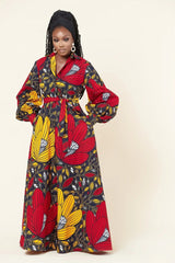 Red Yellow Plus Size African Ankara Print Long Shirt Dress with Free Headwrap and Nose Mask Flexi Africa www.flexiafrica.com