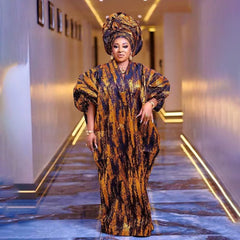 Regal Radiance: African Hot Gold Jacquard Fabric Loose Dress Flexi Africa Free Delivery Worldwide only at www.flexiafrica.com