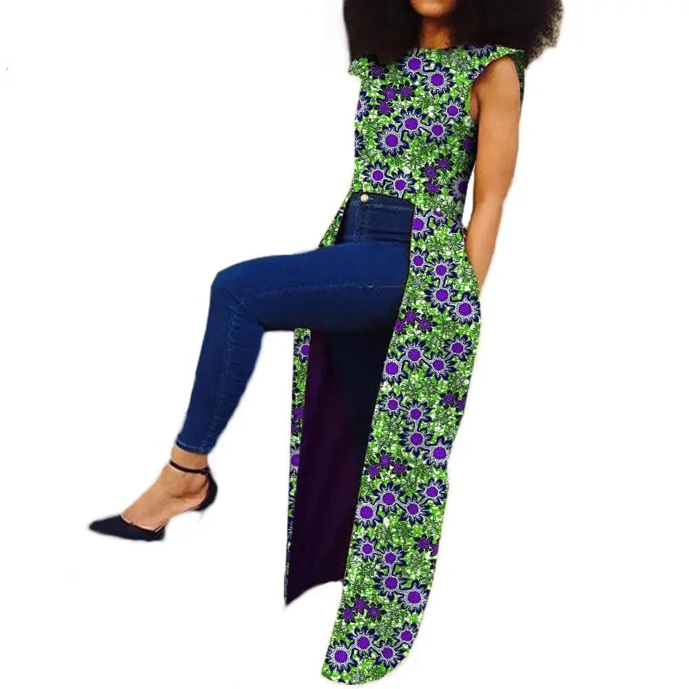 Sleeveless African Women's Long Back Coat: Ankle-Length Pure Wax Cotton, Plus Size - Flexi Africa - www.flexiafrica.com