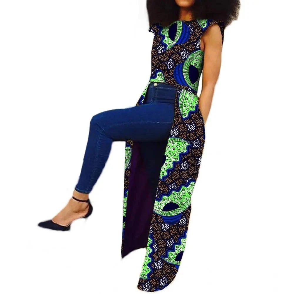 Sleeveless African Women's Long Back Coat: Ankle-Length Pure Wax Cotton, Plus Size - Flexi Africa - www.flexiafrica.com