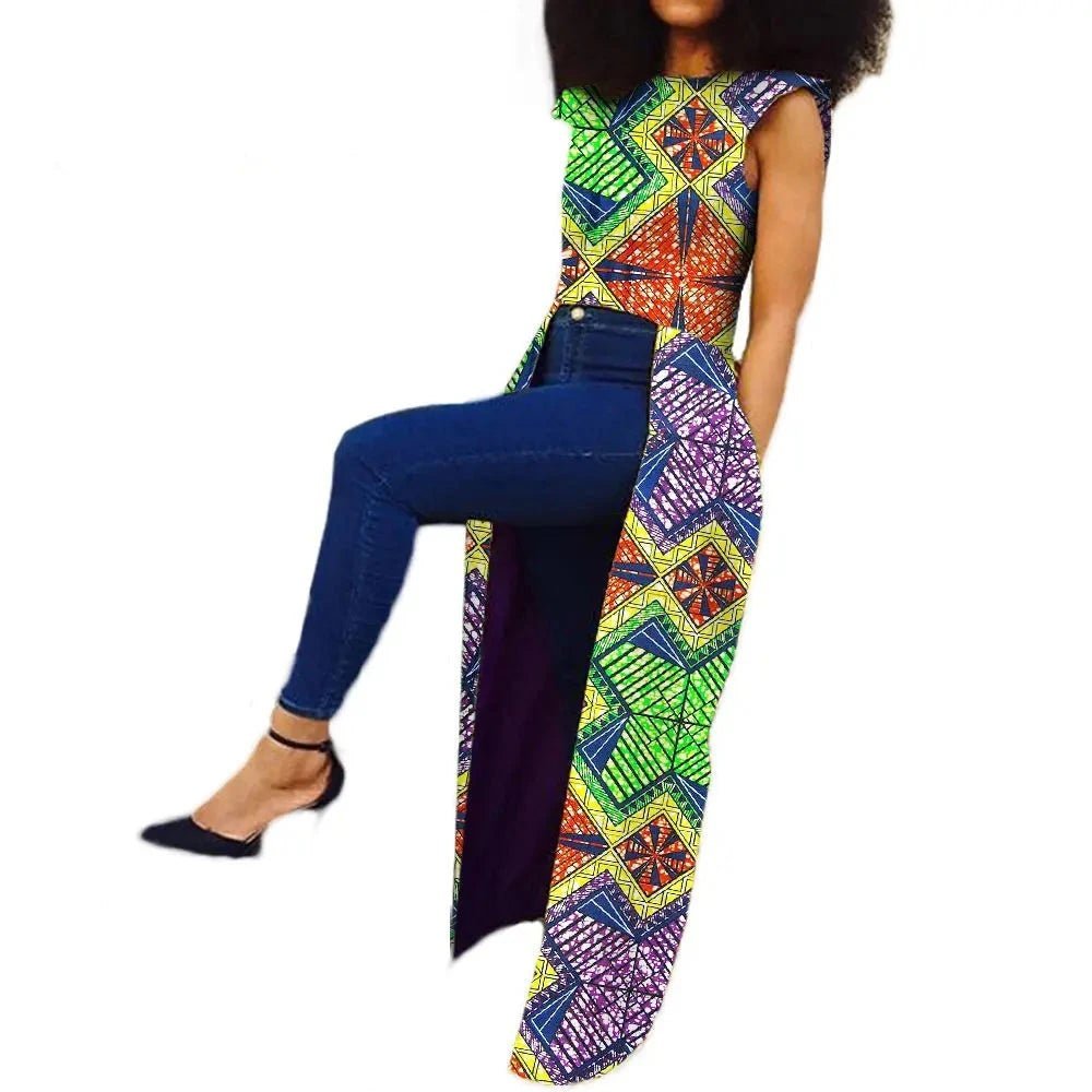 Sleeveless African Women's Long Back Coat: Ankle-Length Pure Wax Cotton, Plus Size - Flexi Africa - www.flexiafrica.com