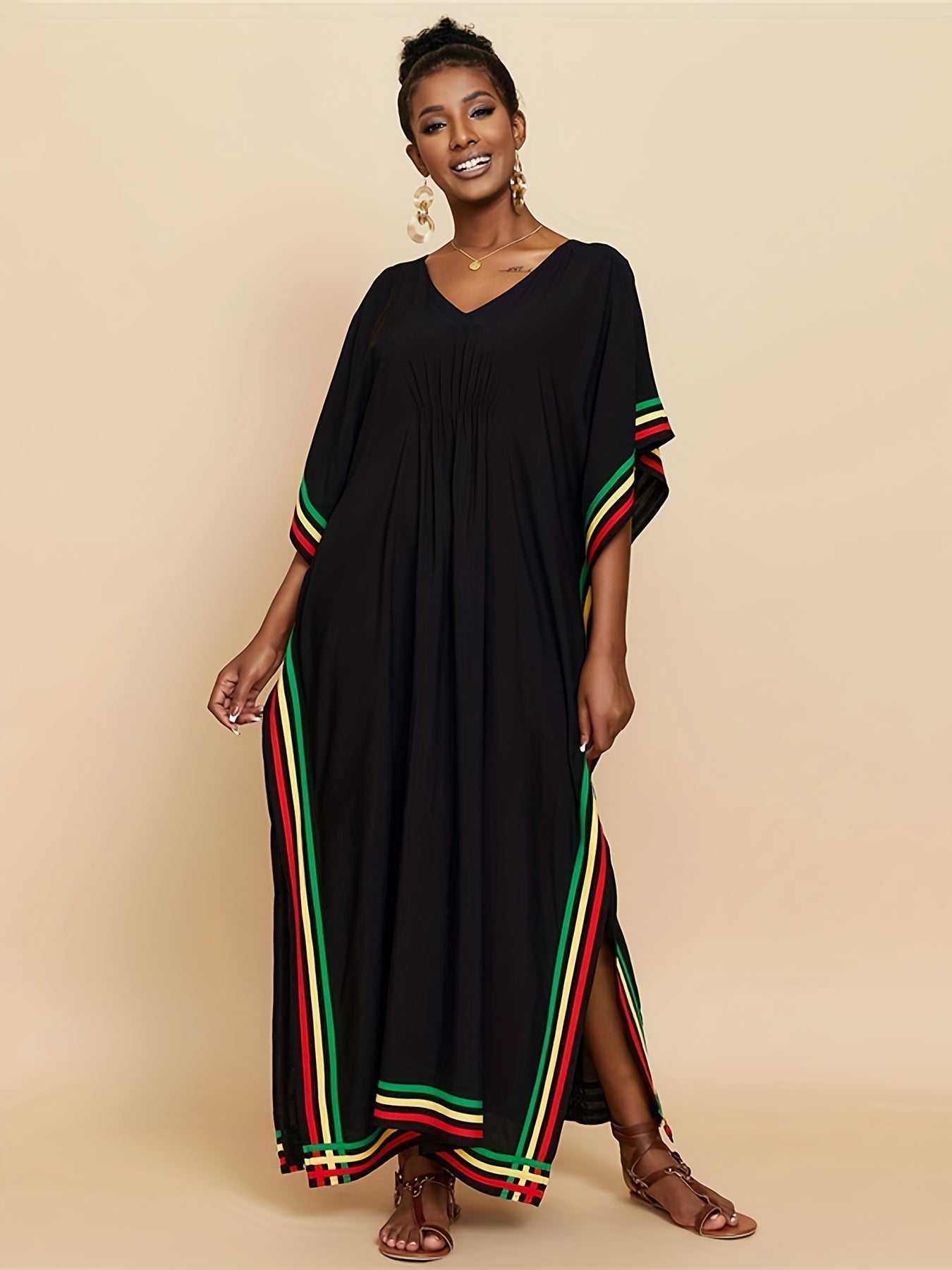 Striped Print V - Neck Batwing Sleeve Cover Up Dress, Side Split Loose Fit Black Elegant Beach Kaftan - Free Delivery Worldwide only at Flexi Africa