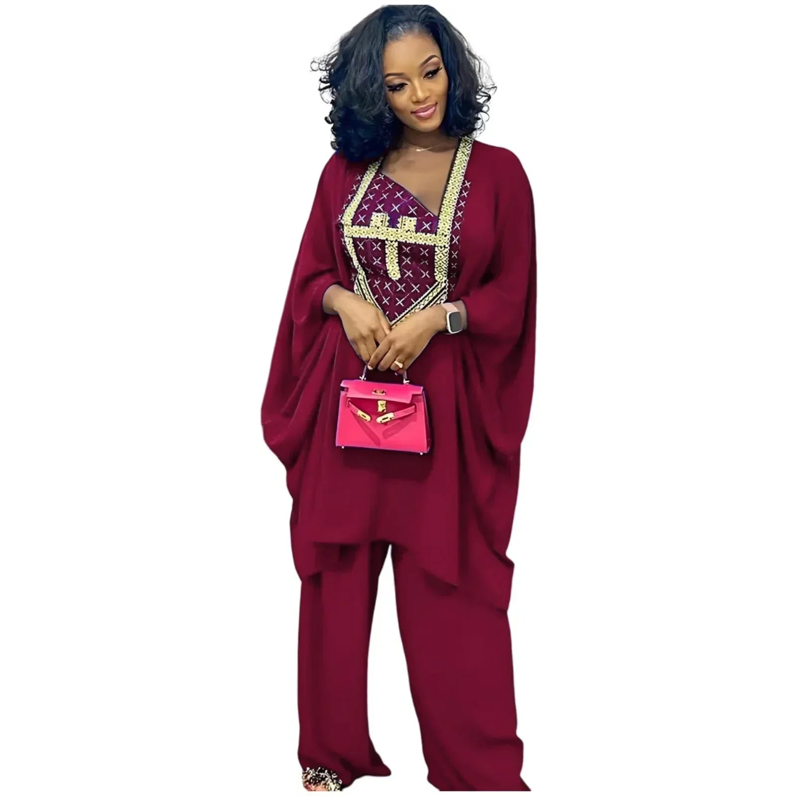 Stylish African Ensemble: Embroidered 3/4 Sleeve Top with Matching Pants for Women - Flexi Africa - www.flexiafrica.com