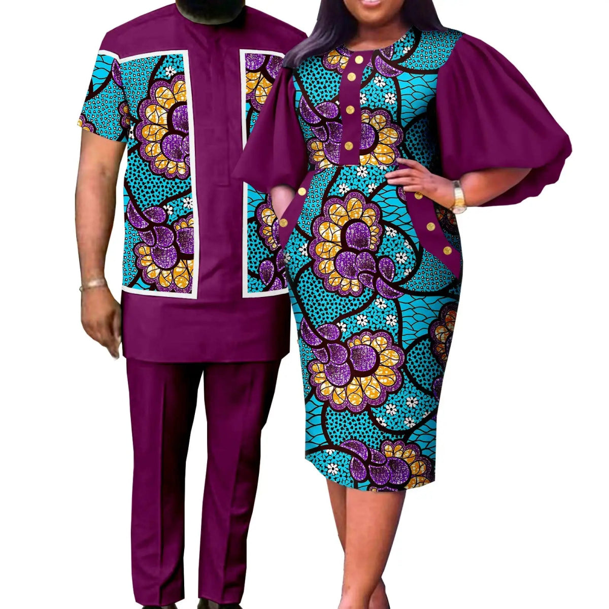 Summer African Couple Outfit – Puff Sleeve Dress for Women with Matching Men’s Bazin Riche Suit - Free Delivery Worldwide only at Flexi Africa
