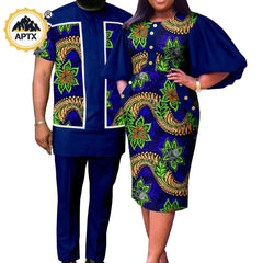 Summer African Couple Outfit – Puff Sleeve Dress for Women with Matching Men’s Bazin Riche Suit - Free Delivery Worldwide only at Flexi Africa