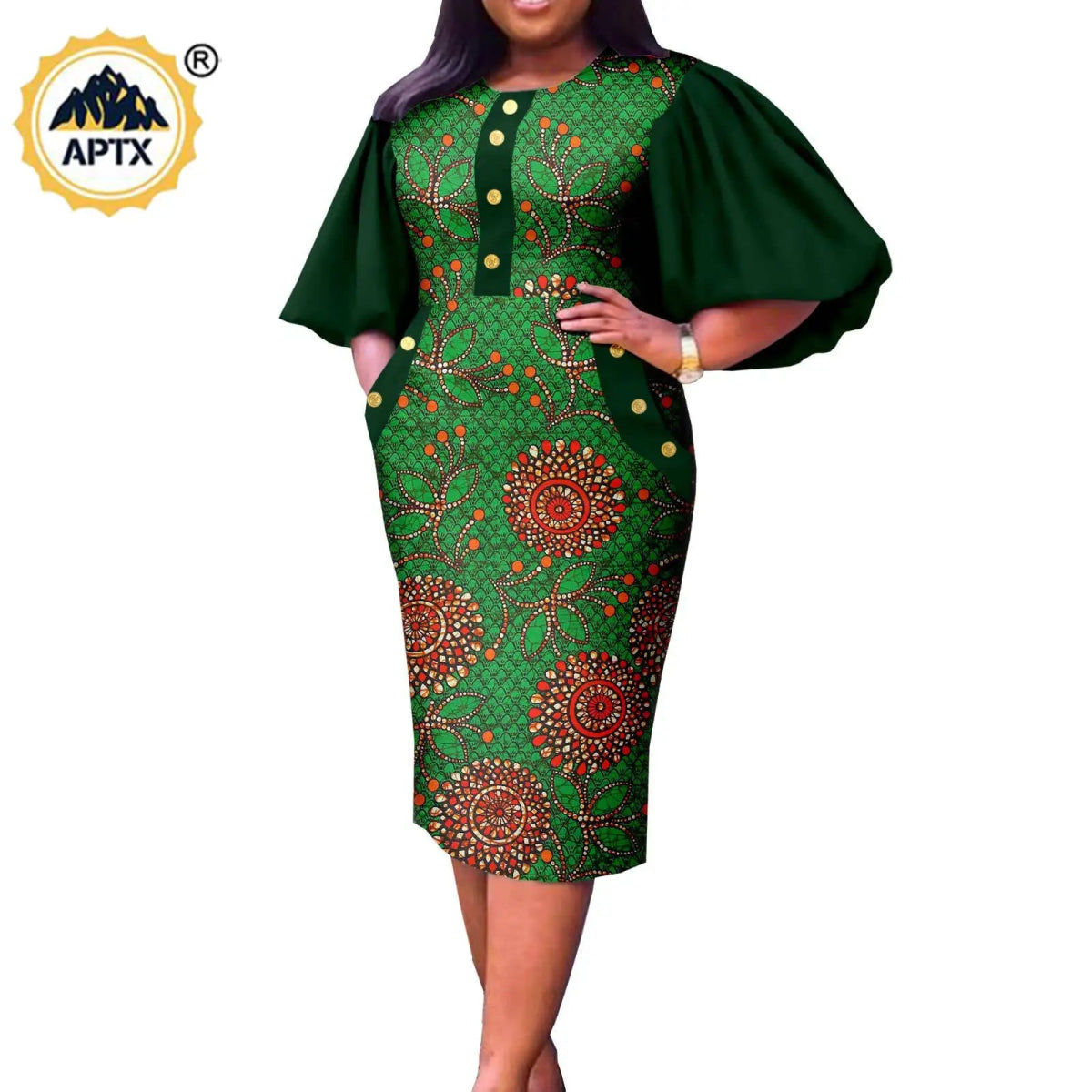 Summer African Couple Outfit – Puff Sleeve Dress for Women with Matching Men’s Bazin Riche Suit - Free Delivery Worldwide only at Flexi Africa