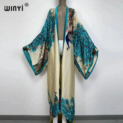 Summer Classic Peacock Print African Women Cardigan – Sexy Boho Maxi Long Sleeve Kaftan Dress - Free Delivery Worldwide only at Flexi Africa