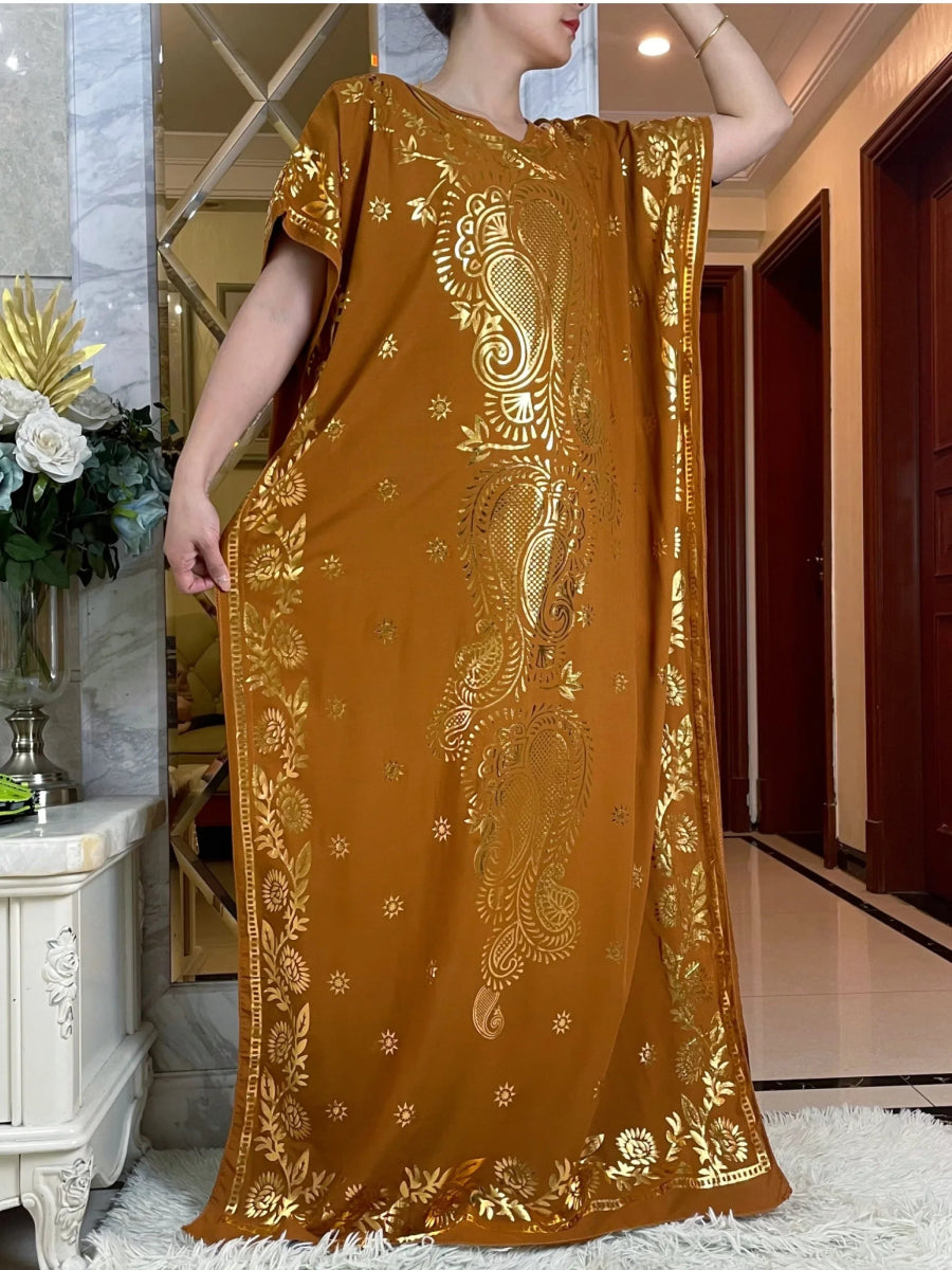 Summer Kaftan Dress with Oversized Scarf – Loose Fit Abaya for Women, African - Inspired Casual Maxi with Gold Stamping - Free Delivery Worldwide only at Flexi Africa