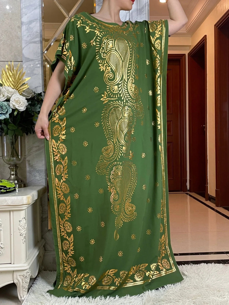 Summer Kaftan Dress with Oversized Scarf – Loose Fit Abaya for Women, African - Inspired Casual Maxi with Gold Stamping - Free Delivery Worldwide only at Flexi Africa