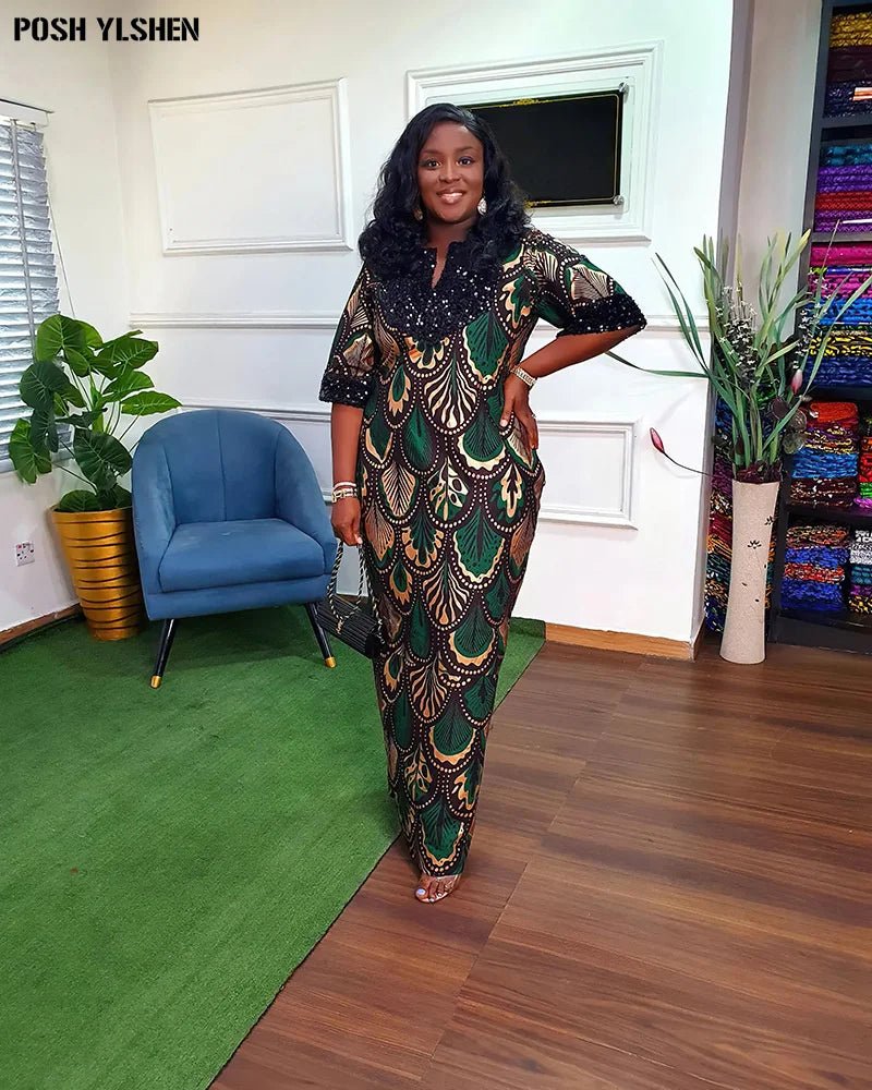 Traditional Nigerian Flower Print Slit Caftan Dress: Elegant African Long Dresses for Women, Robe Femme Clothing Flexi Africa