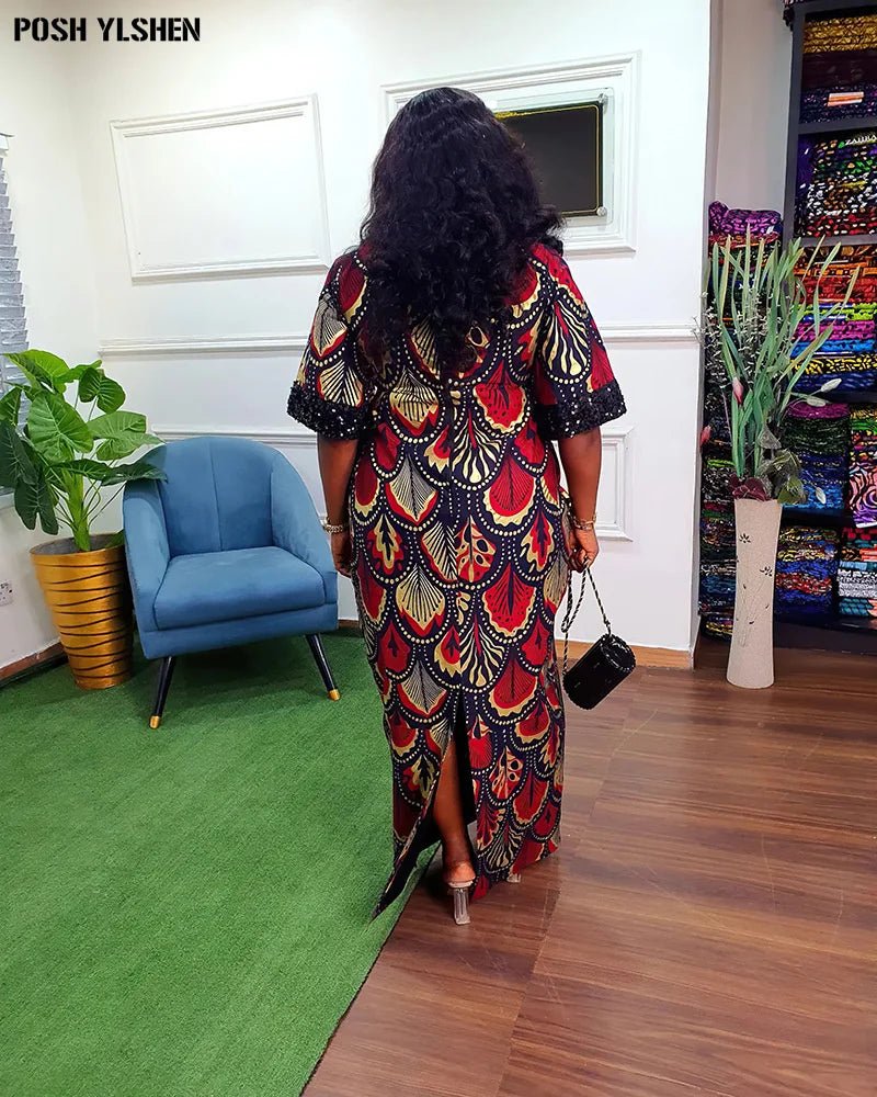 Traditional Nigerian Flower Print Slit Caftan Dress: Elegant African Long Dresses for Women, Robe Femme Clothing Flexi Africa