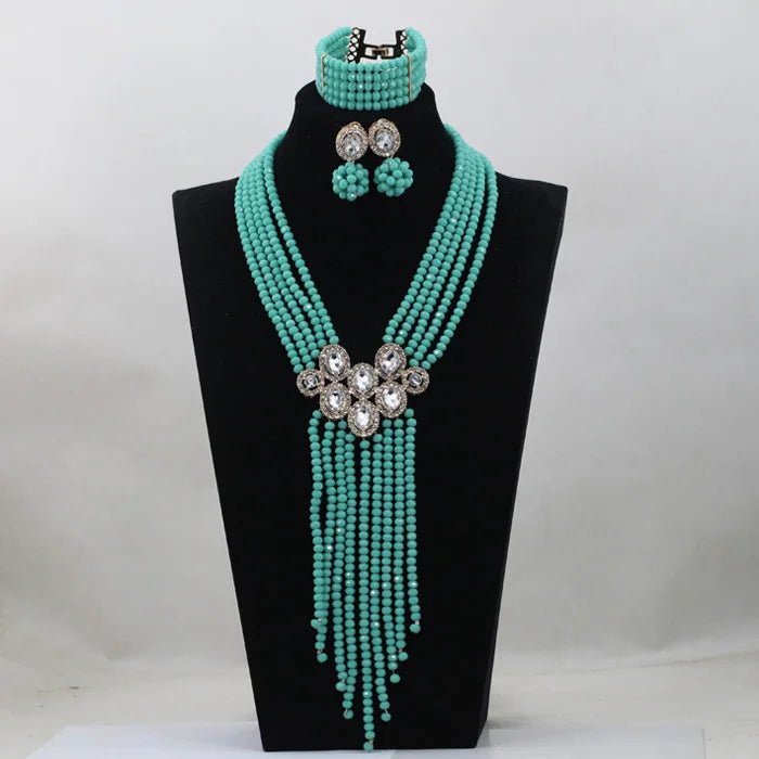 Trendy Blue Crystal Jewelry Set – Long Beaded Necklace for Women, African Bridal Wedding Jewelry - Free Delivery Worldwide only at Flexi Africa