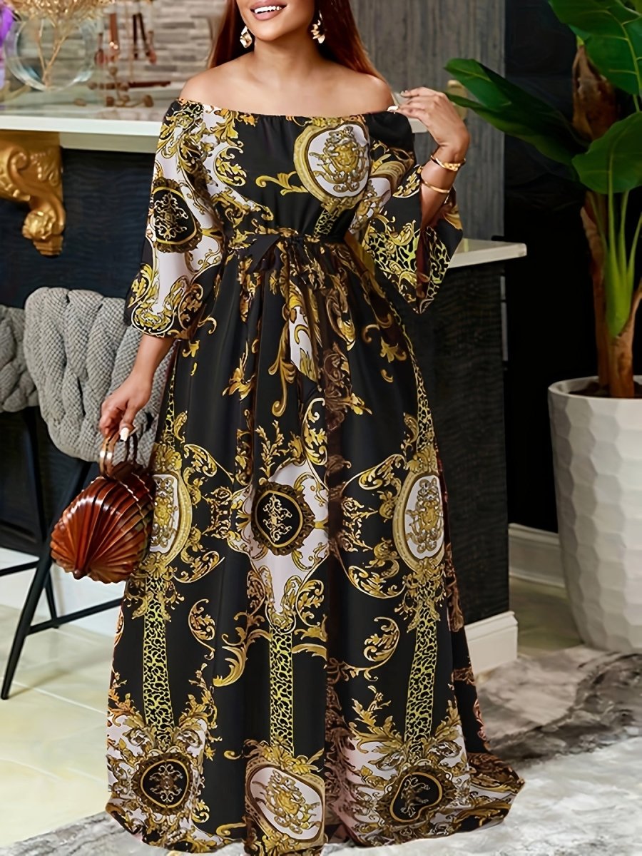 Tribal Print Off - Shoulder Belted Dress – Vintage Ruffle Hem Swing A - Line with Lantern Sleeves, Women's Fashion - Free Delivery Worldwide only at Flexi Africa