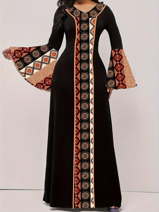 Tribal Print Patchwork Waist Maxi Dress, Elegant Flared Long Sleeve V - neck - Free Delivery Worldwide only at Flexi Africa