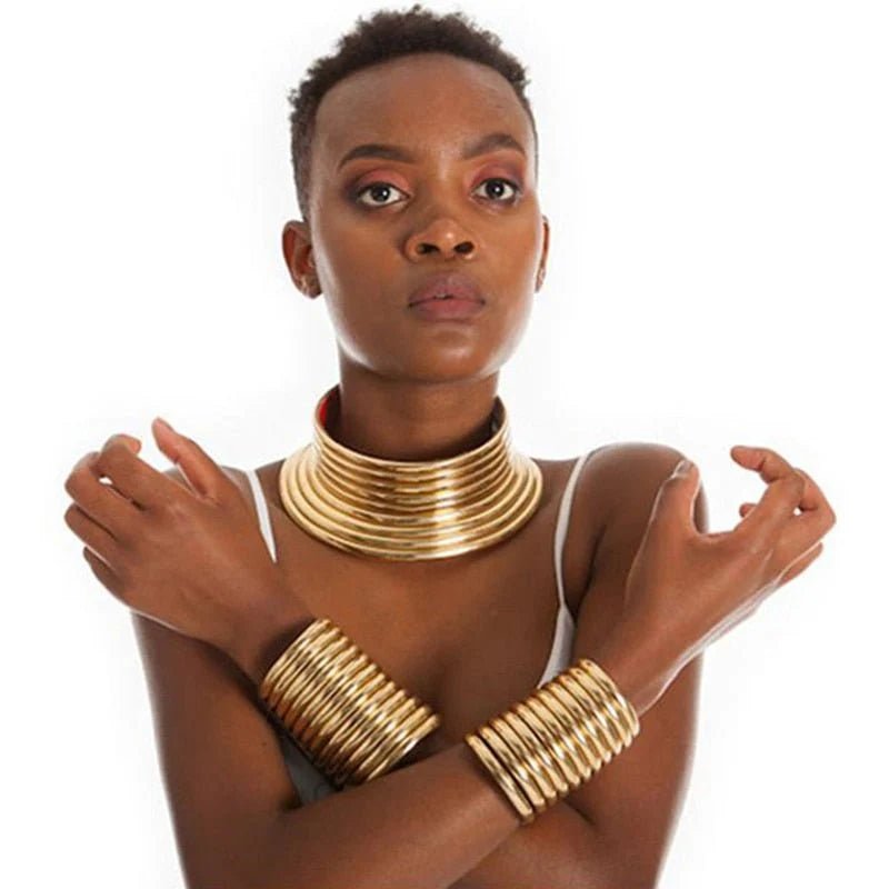 Vintage Gold Statement Choker Necklace Set - Leather African Jewelry with Torques Collar and Maxi Pendant - Free Delivery Worldwide only at Flexi Africa