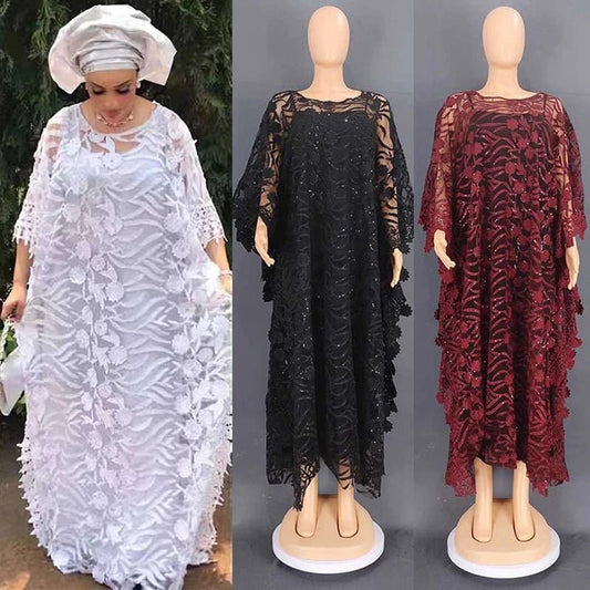 White Lace Hollow African Dresses: Elegant Traditional Attire for Muslim Women during Ramadan - Flexi Africa - Free Delivery