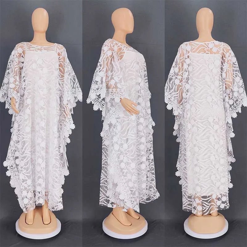 White Lace Hollow African Dresses: Elegant Traditional Attire for Muslim Women during Ramadan - Flexi Africa - Free Delivery