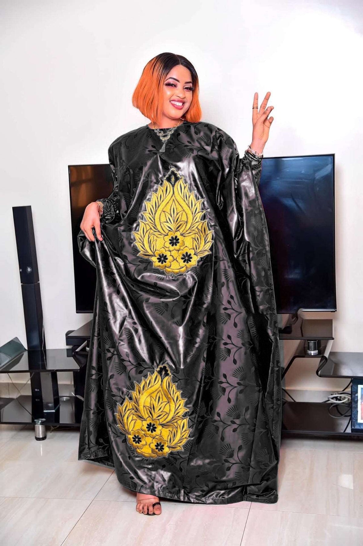 Woman Plus Size Dress Embroidery With Floor Long Dress With Scarf - Flexi Africa Free Delivery Worldwide www.flexiafrica.com