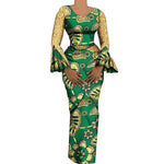 Women's African Outfits 2 Pieces Set Shiny Flare Sleeves V Neck Tops and Long Pencil Skirts African Clothes for Women