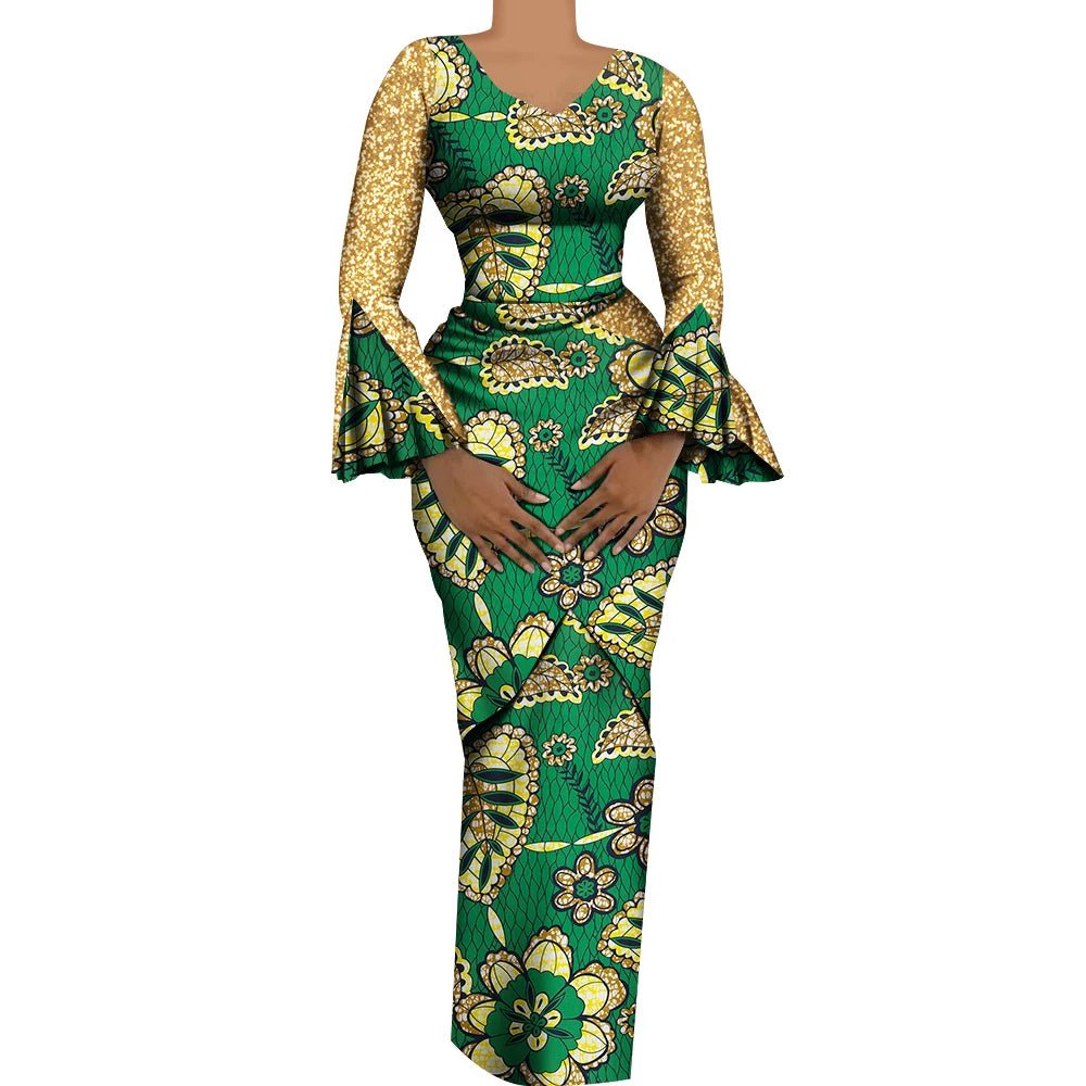 Women's African Outfits 2 Pieces Set Shiny Flare Sleeves V Neck Tops and Long Pencil Skirts African Clothes for Women