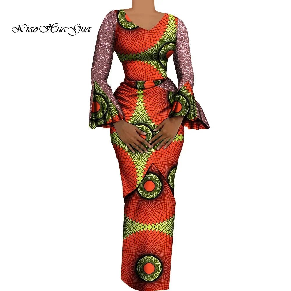Women's African Outfits 2 Pieces Set Shiny Flare Sleeves V Neck Tops and Long Pencil Skirts African Clothes for Women
