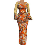 Women's African Outfits 2 Pieces Set Shiny Flare Sleeves V Neck Tops and Long Pencil Skirts African Clothes for Women