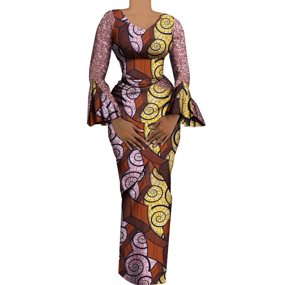 Women African Outfits 2 Pieces Set Shiny Flare Sleeves V Neck Tops and Long Pencil Skirts African Clothes for Women WY9972 - Free Delivery Worldwide only at Flexi Africa