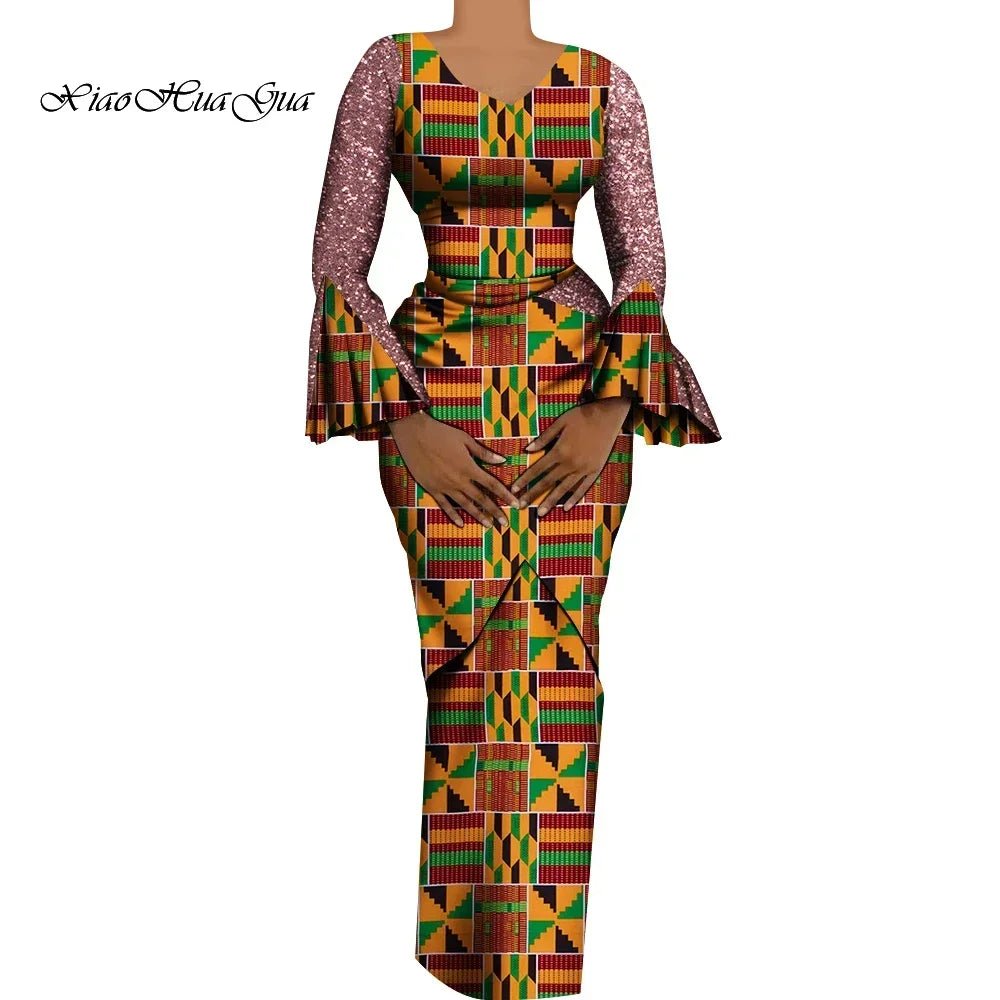 Women African Outfits 2 Pieces Set Shiny Flare Sleeves V Neck Tops and Long Pencil Skirts African Clothes for Women WY9972 - Free Delivery Worldwide only at Flexi Africa