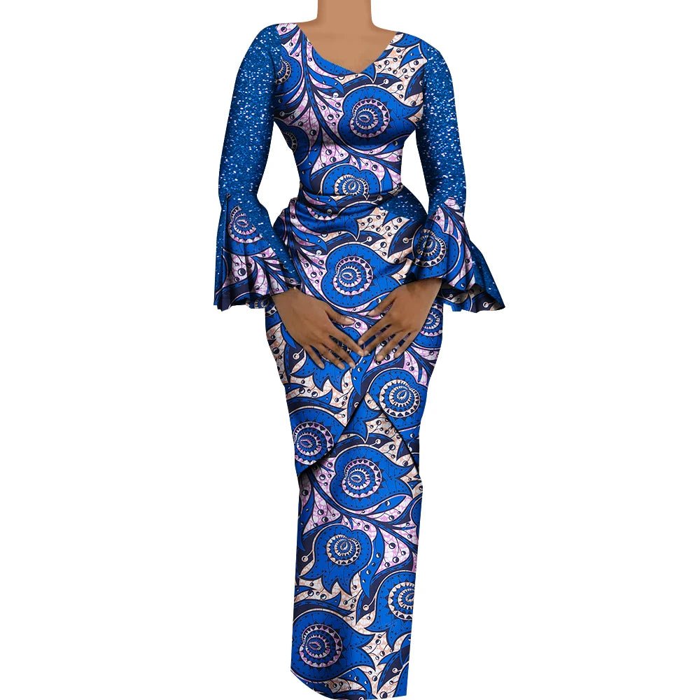Women African Outfits 2 Pieces Set Shiny Flare Sleeves V Neck Tops and Long Pencil Skirts African Clothes for Women WY9972 - Free Delivery Worldwide only at Flexi Africa