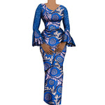 Women's African Outfits 2 Pieces Set Shiny Flare Sleeves V Neck Tops and Long Pencil Skirts African Clothes for Women